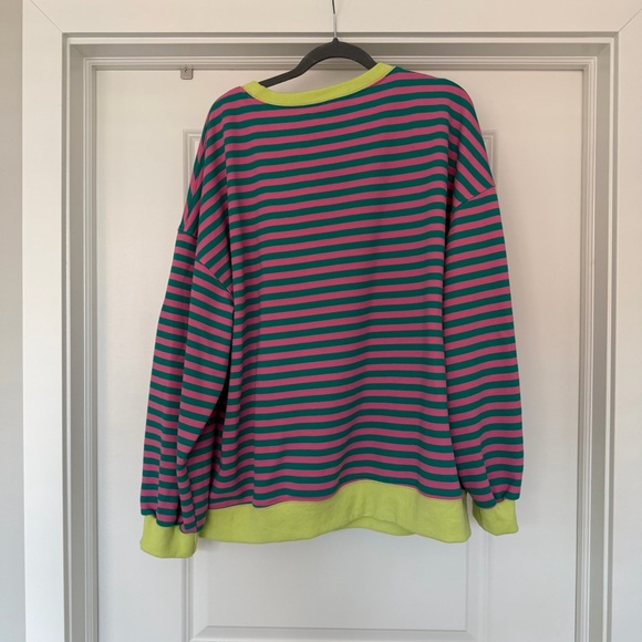 Women’s Striped Crewneck Sweater in Teal & Pink with Lime Trim - Picture 3 of 4